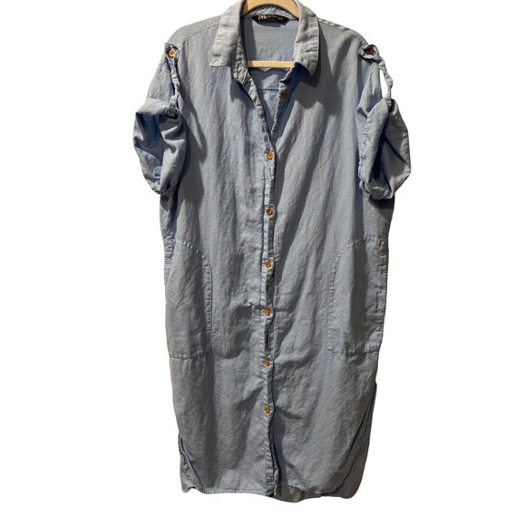 Zara Button-Up Light Blue Midi Shirt Dress With Rolled Sleeves Front Pockets - Picture 2 of 7